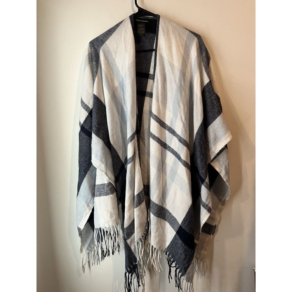 Banana‎ Republic Plaid Cape Cardigan Fringe Cashmere Wool Blend One Size